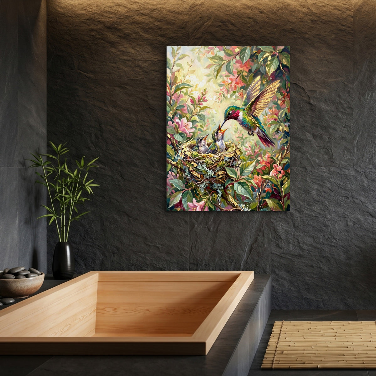 Hummingbird Feeding Young — hummingbird feeding young sq bamboo bathroom 1port flush print