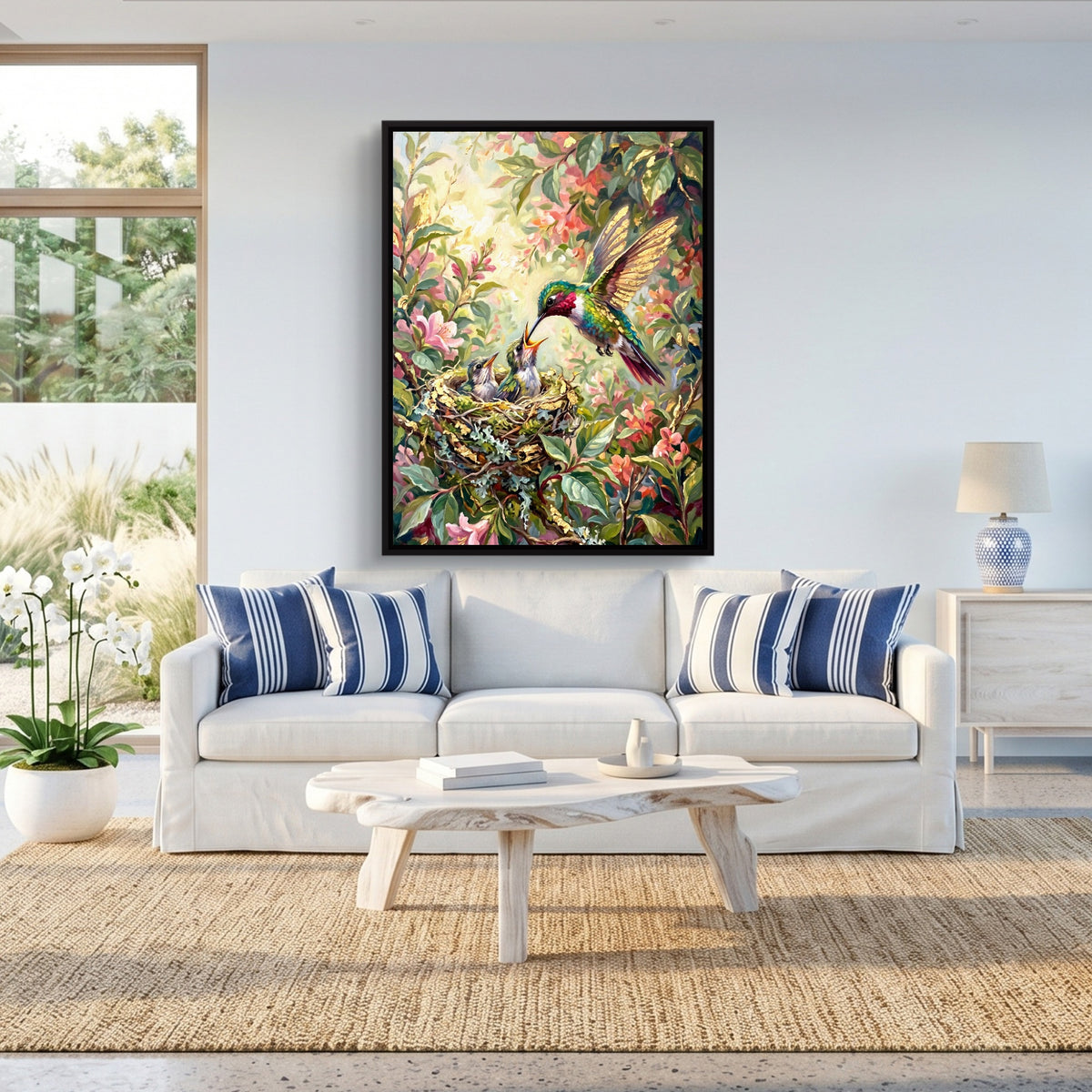 Hummingbird Feeding Young — hummingbird feeding young sq beach house 1port framed black