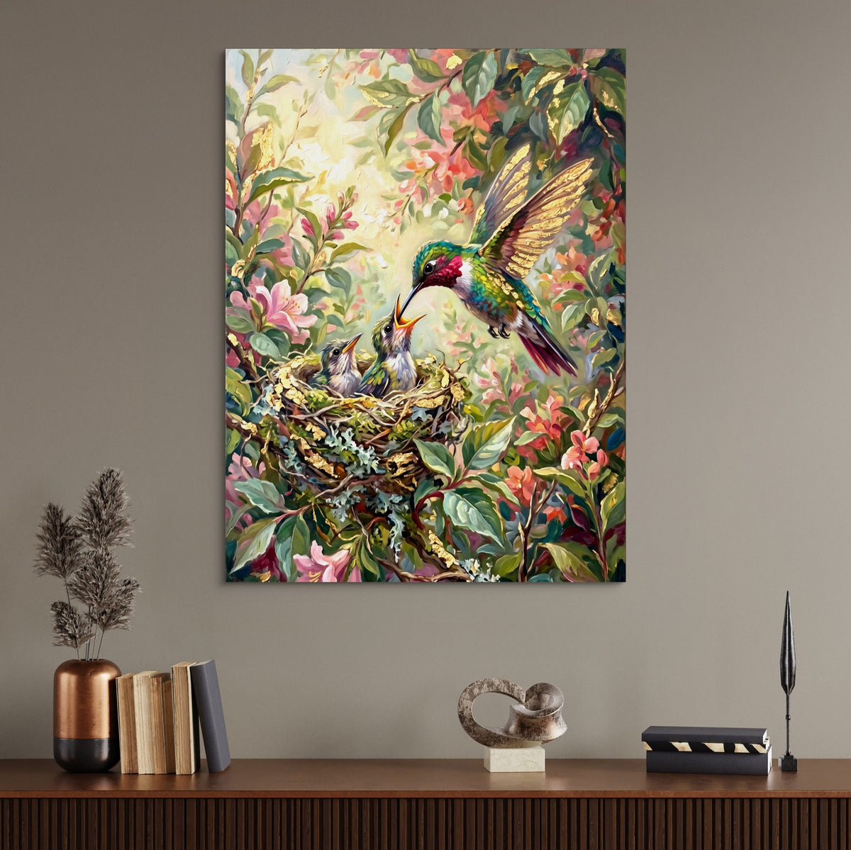 Hummingbird Feeding Young — hummingbird feeding young sq office desk wall 1port flush print