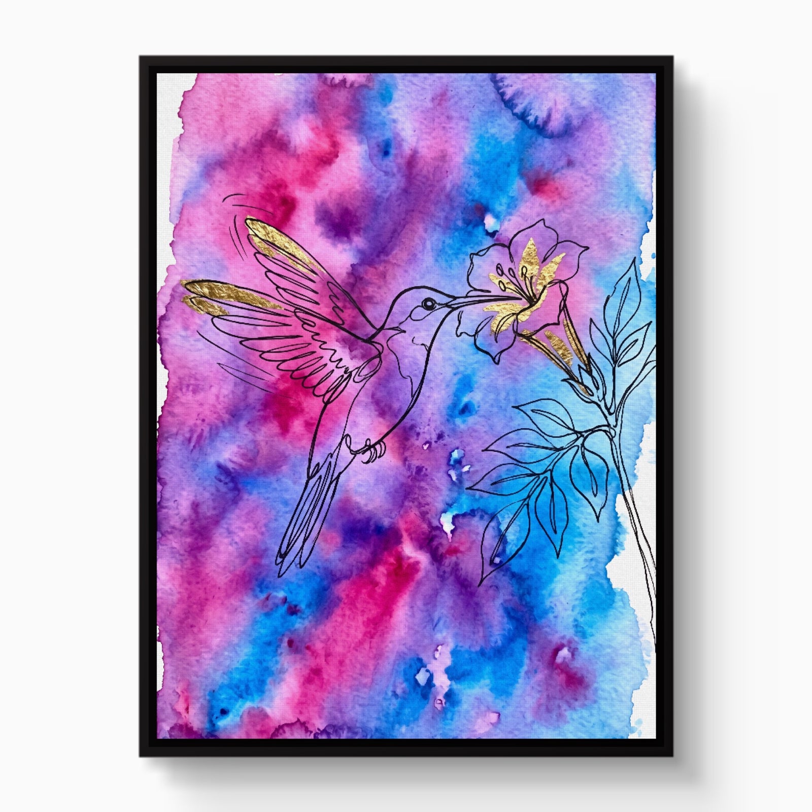 Hummingbird Golden Bloom — hummingbird golden bloom white studio framed black