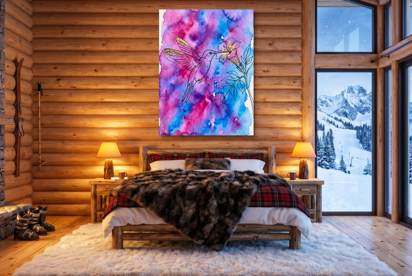 Hummingbird Golden Bloom — hummingbird golden bloom white studio framed black