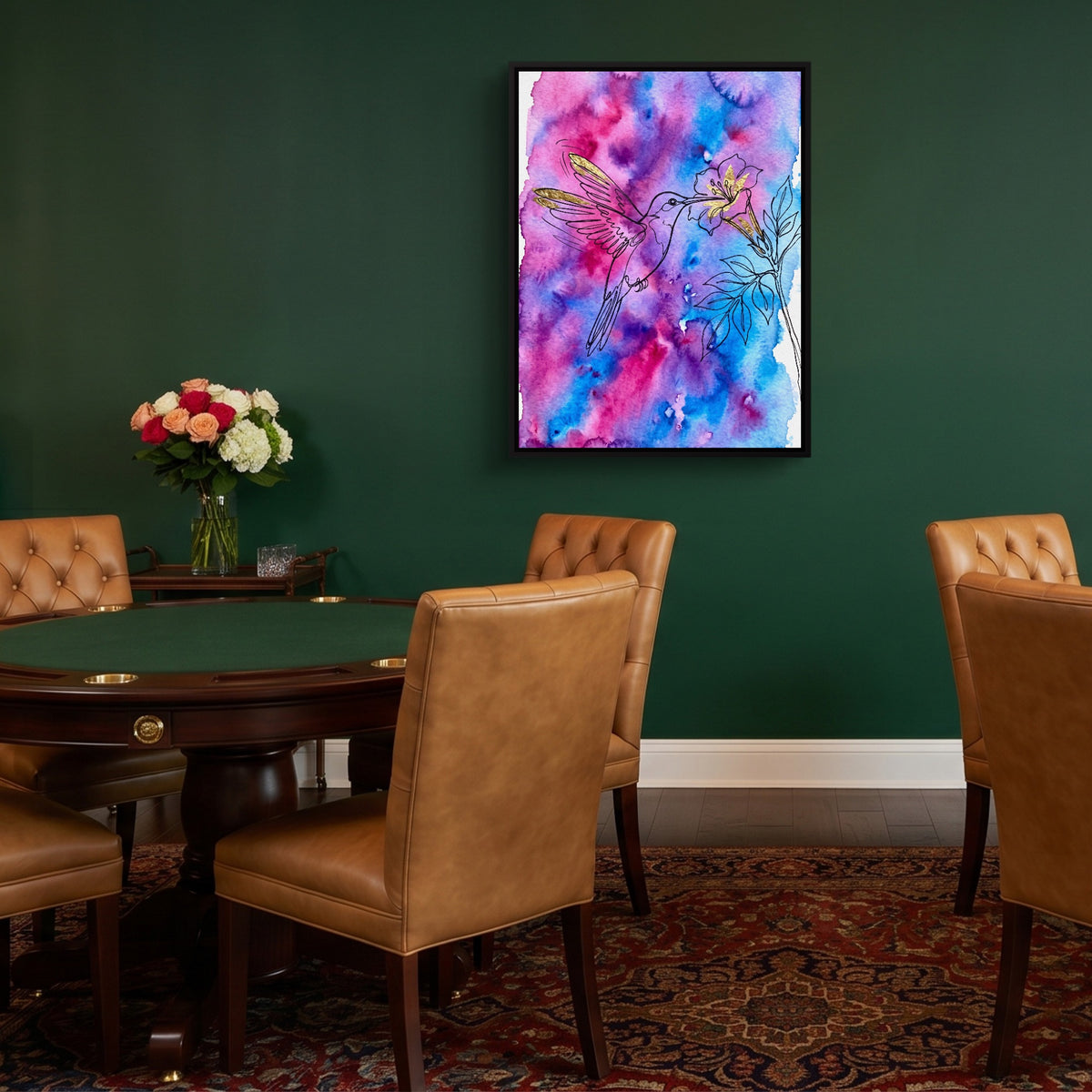 Hummingbird Golden Bloom — hummingbird golden bloom sq poker gathering 1port framed black