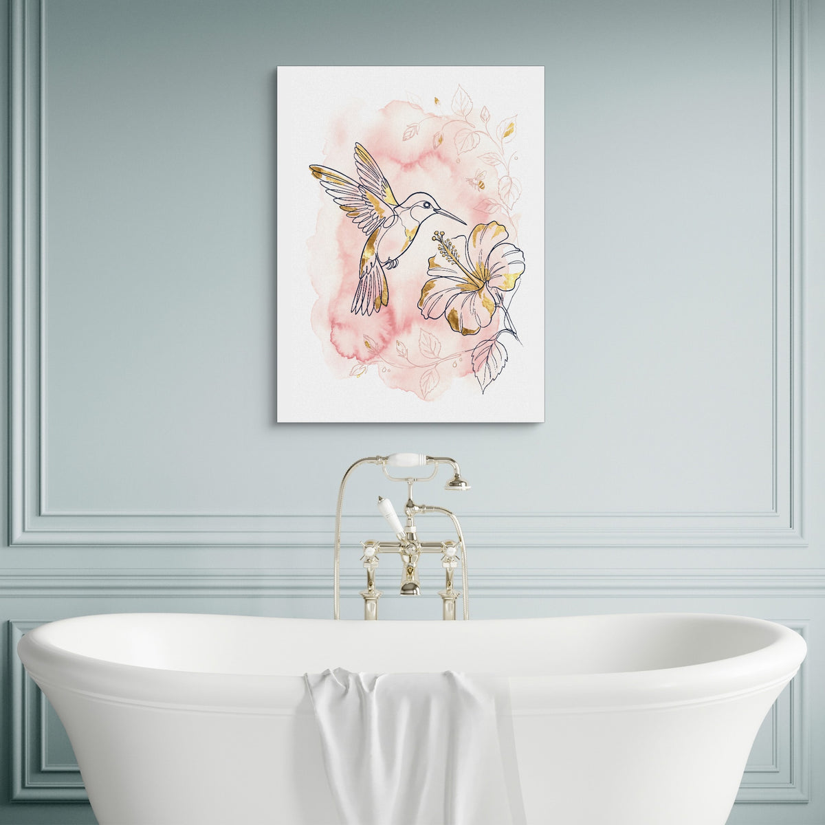 Hummingbird Golden Hibiscus — hummingbird golden hibiscus sq luxury bathroom wall 1port flush print