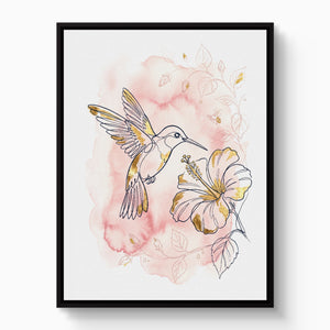 Hummingbird Golden Hibiscus — hummingbird golden hibiscus white studio framed black
