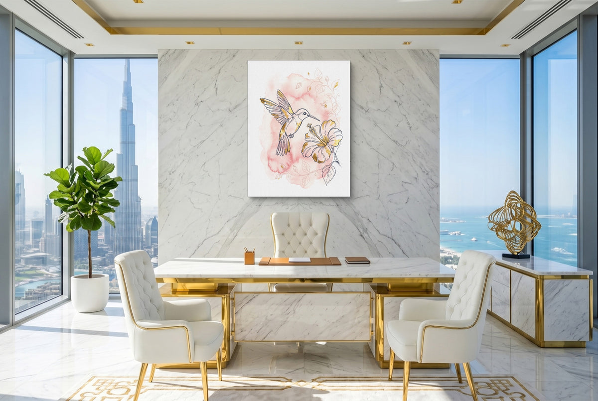 Hummingbird Golden Hibiscus — hummingbird golden hibiscus office with city view 2 1port flush print