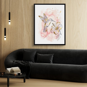 Hummingbird Golden Hibiscus — hummingbird golden hibiscus sq 70s vibes 1port framed black