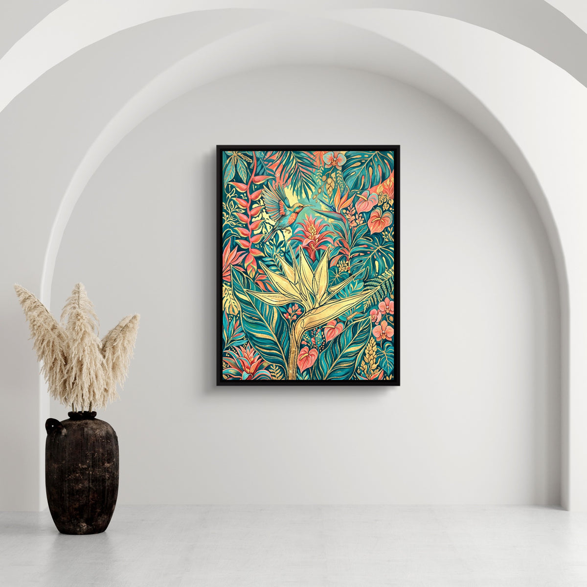 Hummingbird Golden Tropics — hummingbird golden tropics sq white wall 1port framed black
