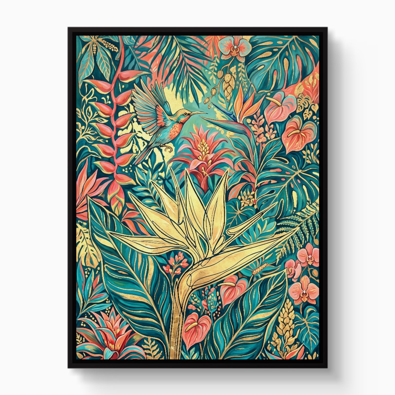 Hummingbird Golden Tropics — hummingbird golden tropics white studio framed black