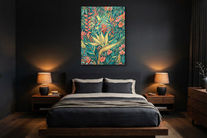 Hummingbird Golden Tropics — hummingbird golden tropics bedroom with dark walls 1port flush print