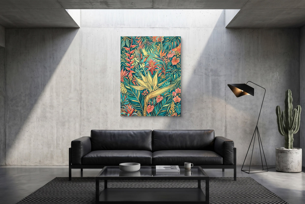Hummingbird Golden Tropics — hummingbird golden tropics modern minimalist living room 1port flush print