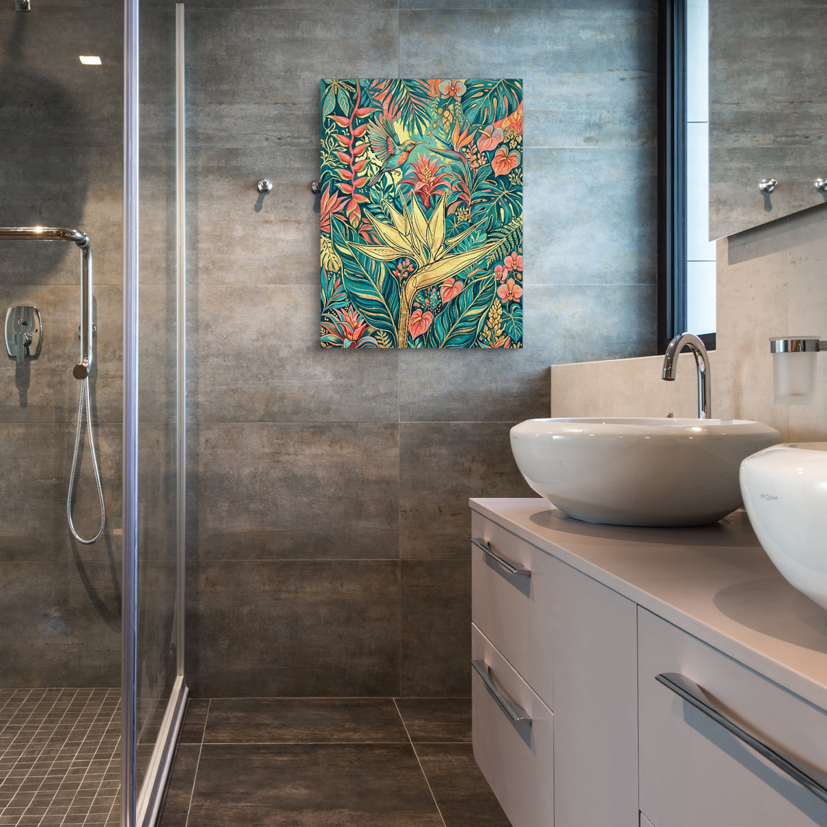 Hummingbird Golden Tropics — hummingbird golden tropics sq bathroom 1port flush print