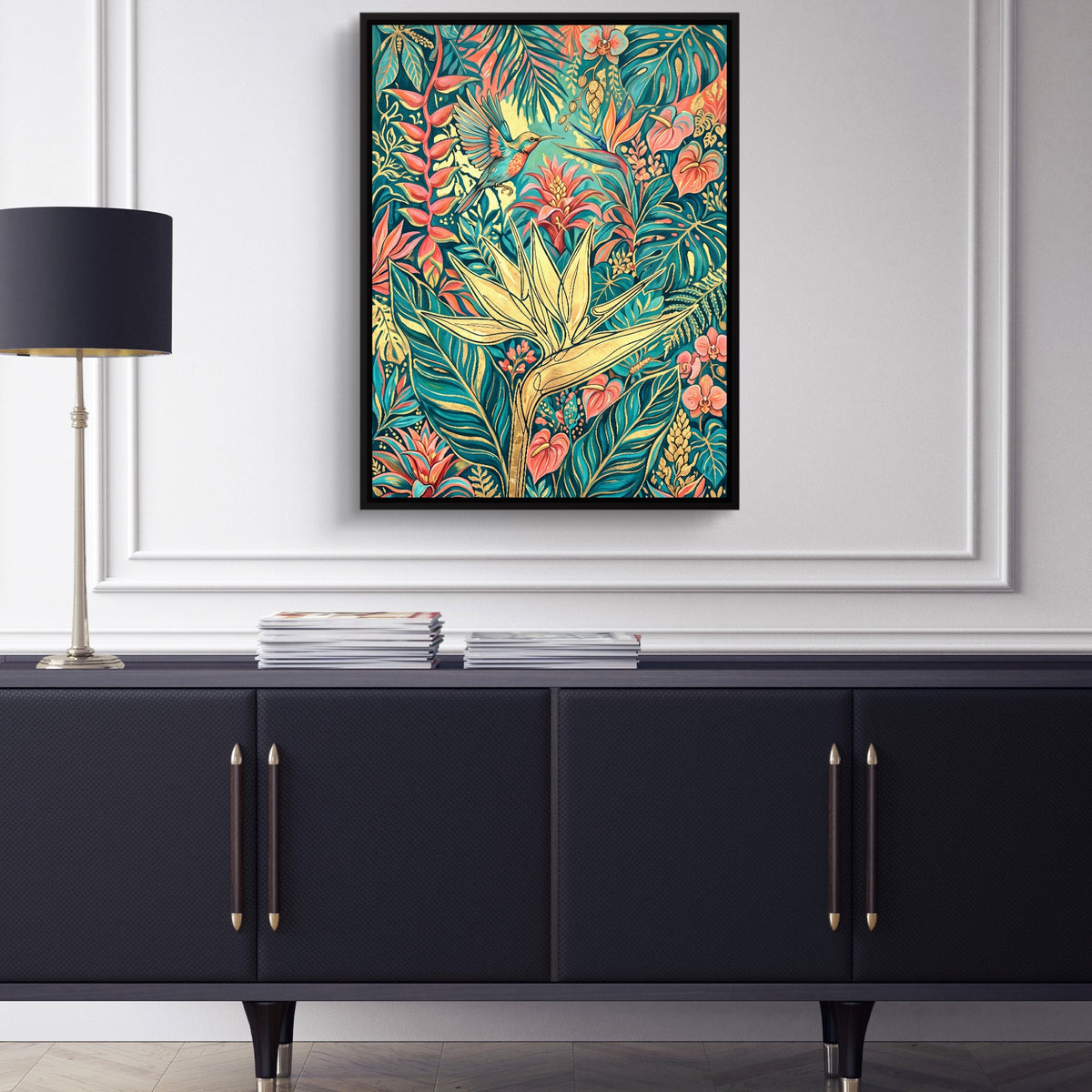 Hummingbird Golden Tropics — hummingbird golden tropics sq blue cabinet 1port framed black