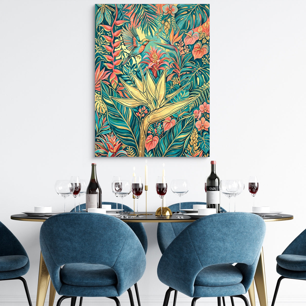 Hummingbird Golden Tropics — hummingbird golden tropics sq dining room tables 1port flush print