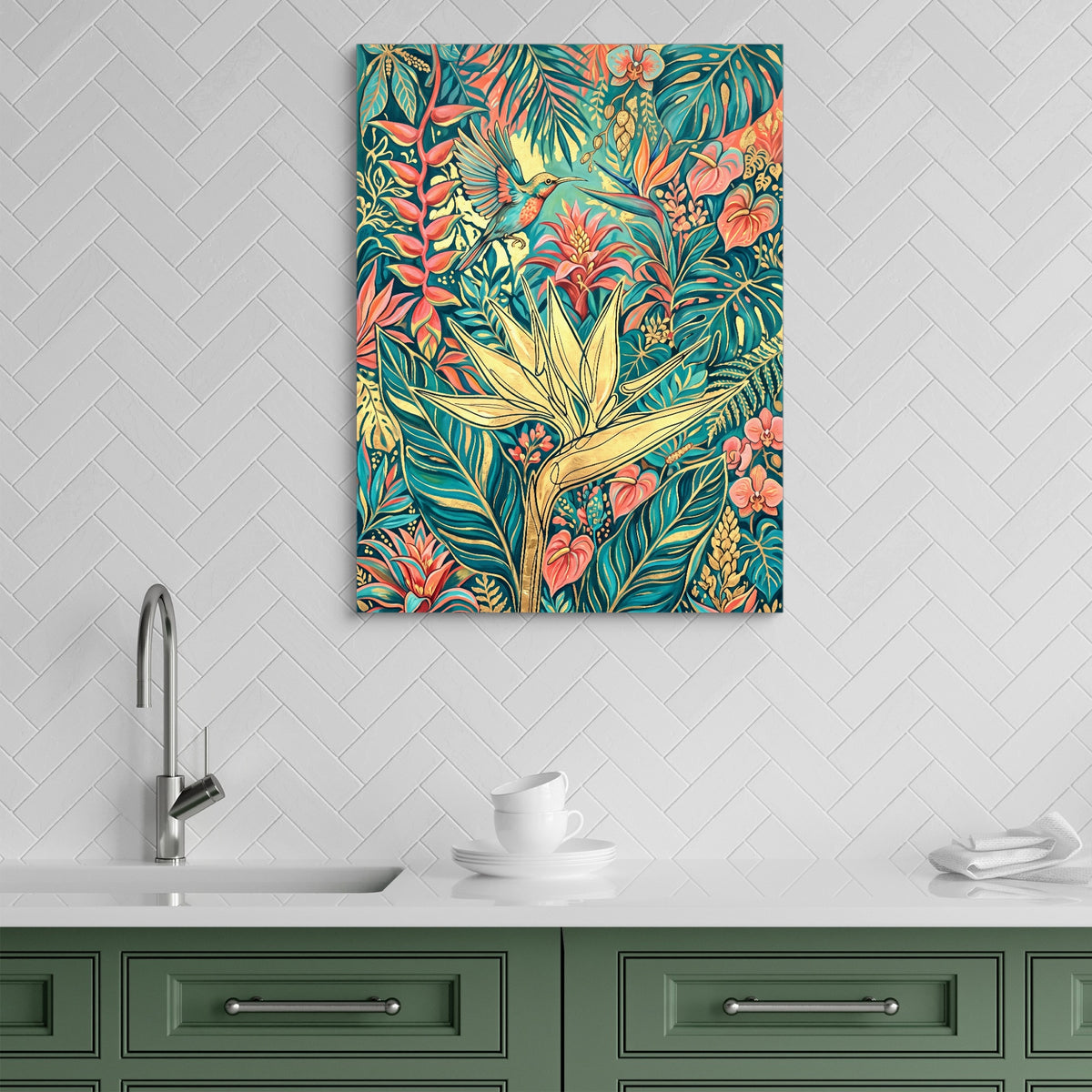 Hummingbird Golden Tropics — hummingbird golden tropics sq green kitchen 1port flush print