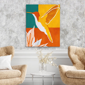 Hummingbird Ochre Hover canvas wall art, room view