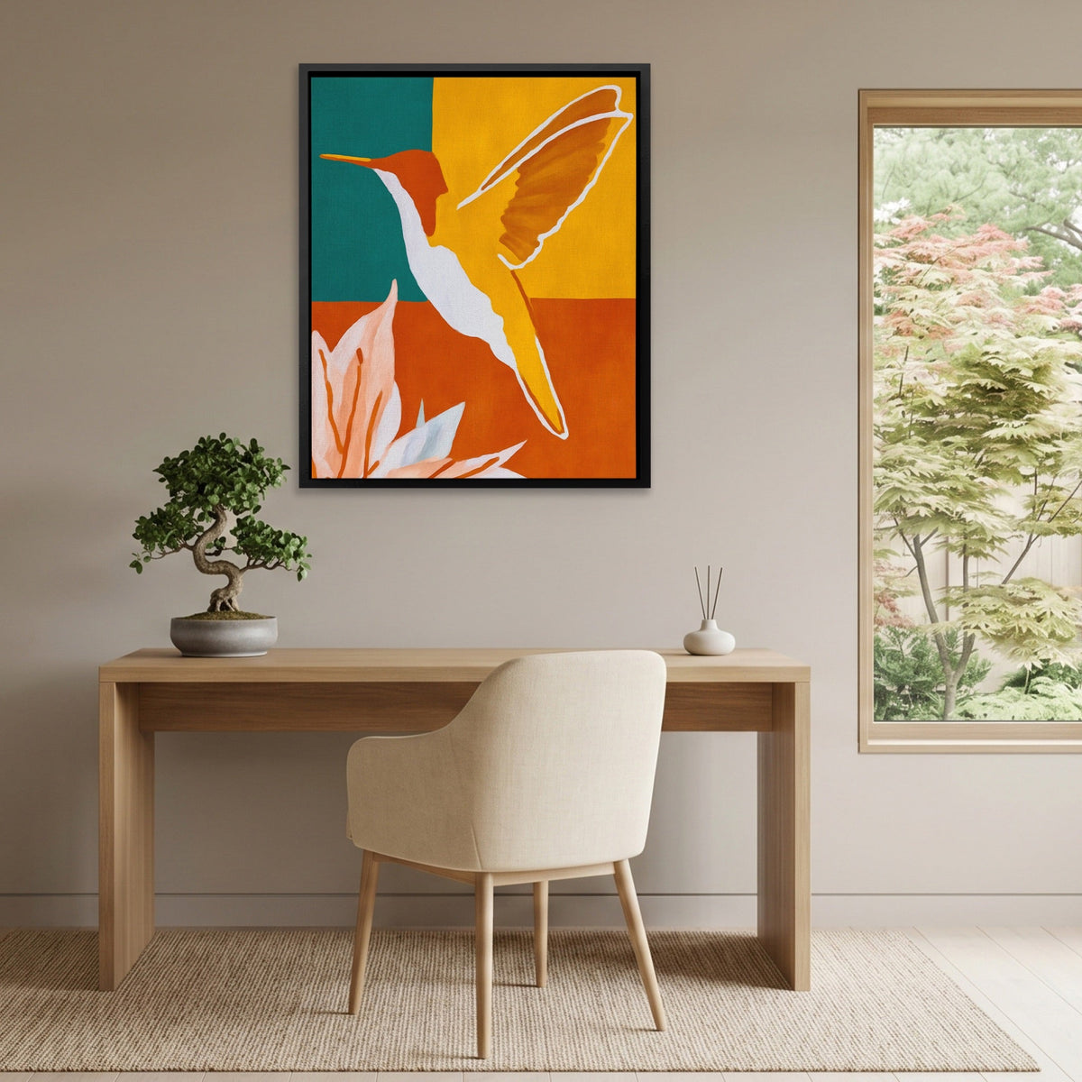 Hummingbird Ochre Hover canvas wall art, room view