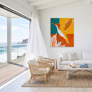 Hummingbird Ochre Hover canvas wall art, room view