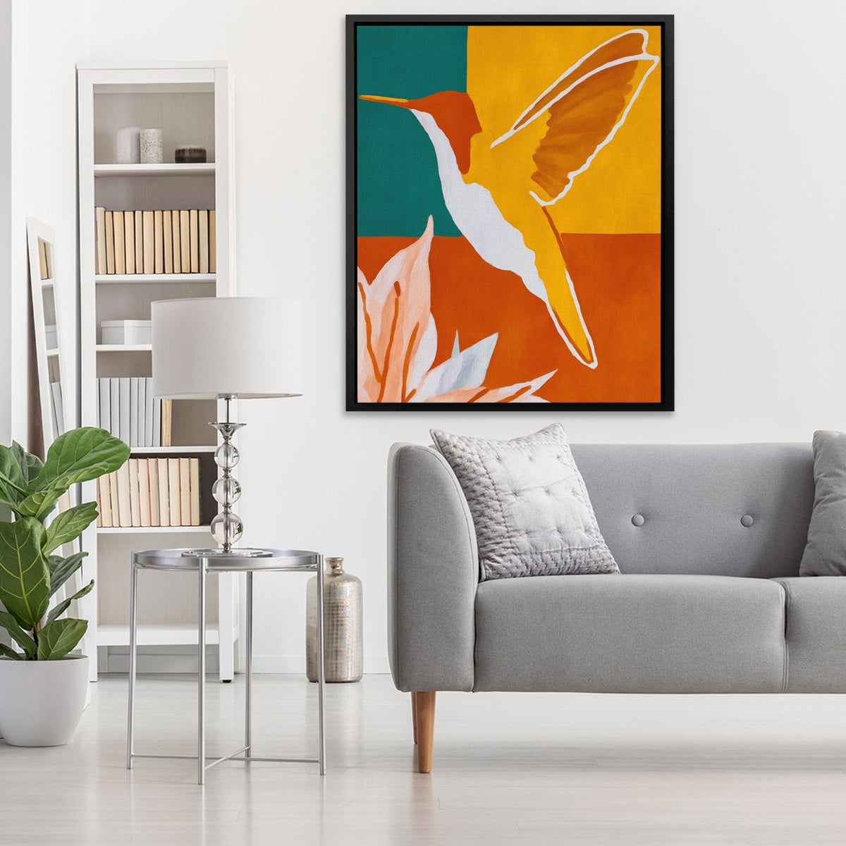 Hummingbird Ochre Hover canvas wall art, room view