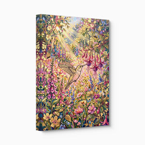Hummingbird Sunlit Garden — hummingbird sunlit garden angled flush print