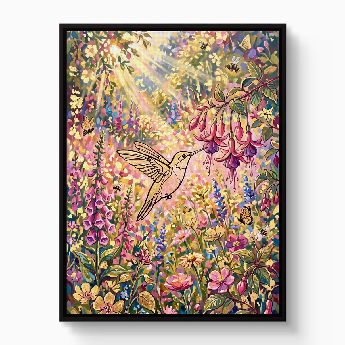 Hummingbird Sunlit Garden — hummingbird sunlit garden white studio framed black