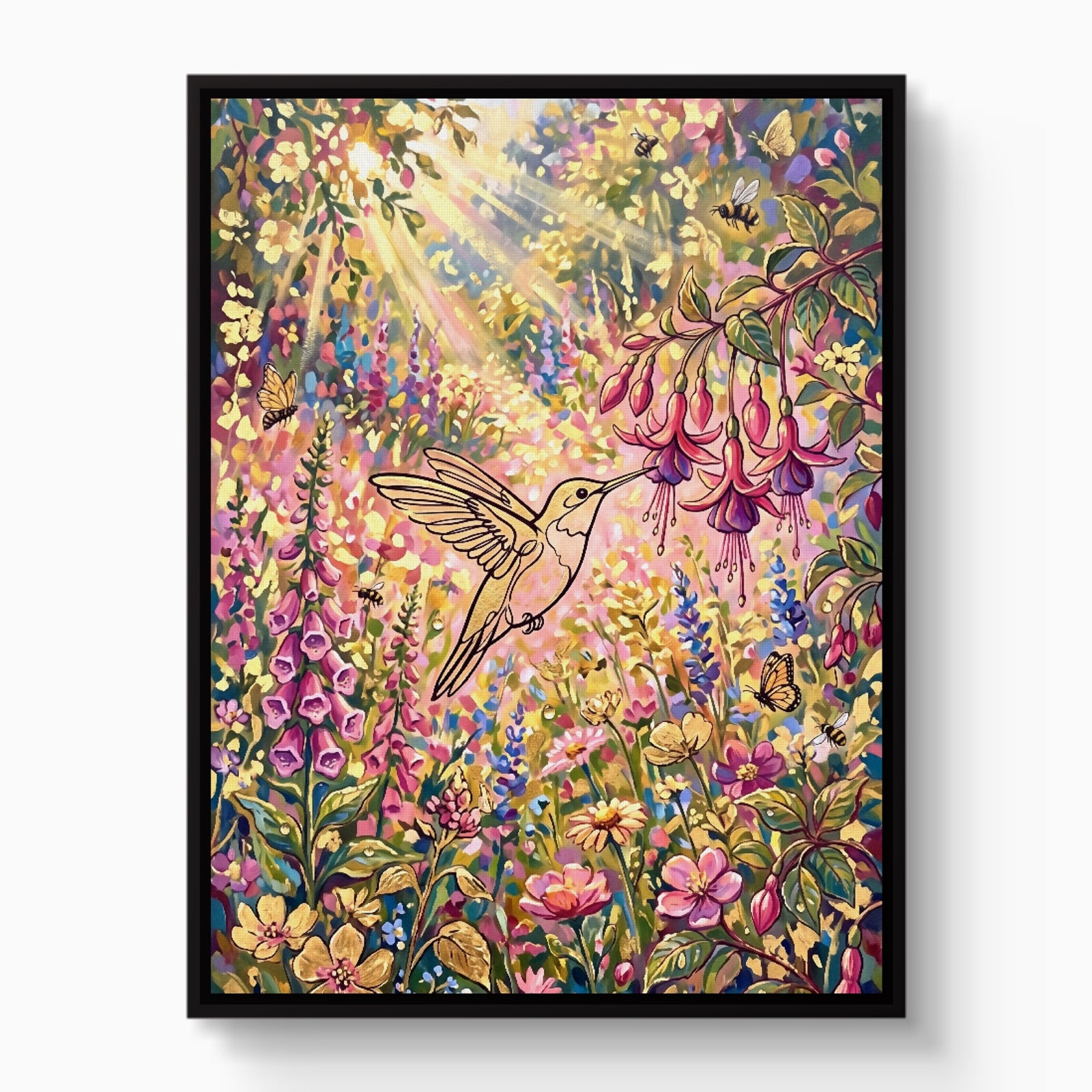 Hummingbird Sunlit Garden — hummingbird sunlit garden white studio framed black