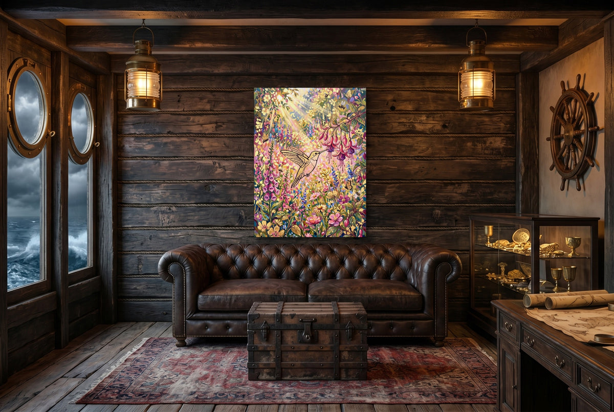 Hummingbird Sunlit Garden — hummingbird sunlit garden small cabin interior view 1port flush print