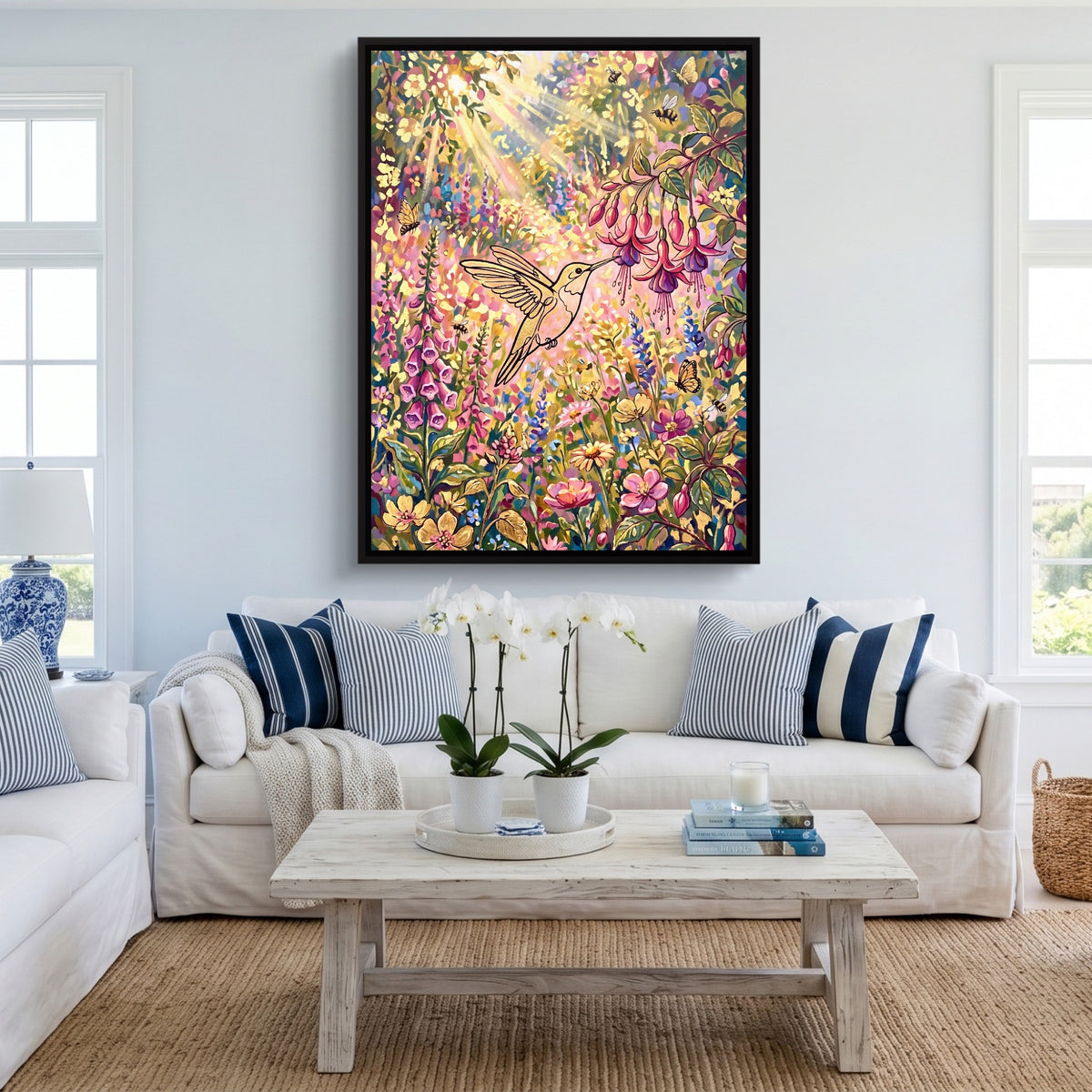 Hummingbird Sunlit Garden — hummingbird sunlit garden sq cute livingroom 1port framed black