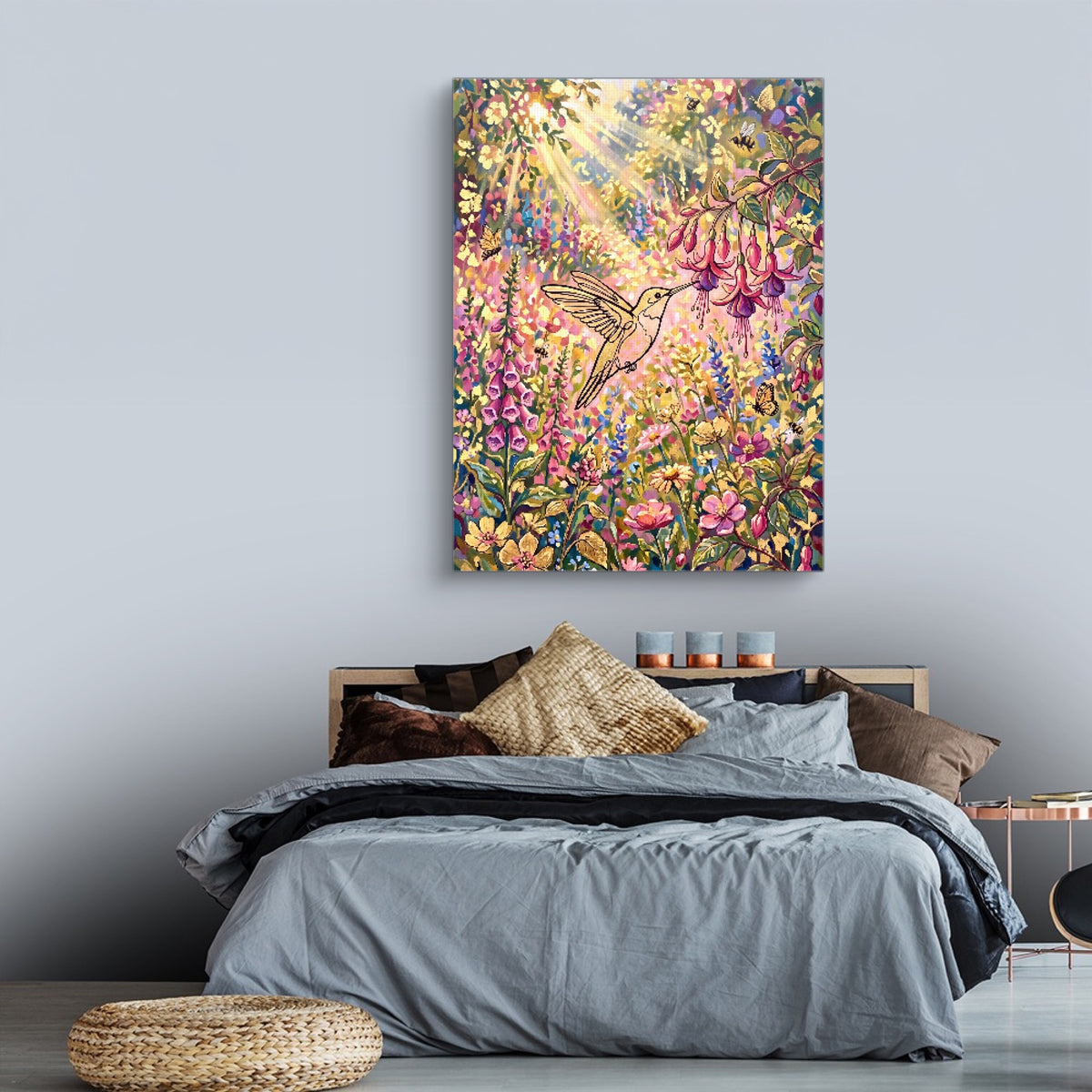 Hummingbird Sunlit Garden — hummingbird sunlit garden sq land comfortable bedroom 1port flush print