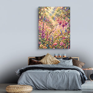 Hummingbird Sunlit Garden — hummingbird sunlit garden sq land comfortable bedroom 1port flush print