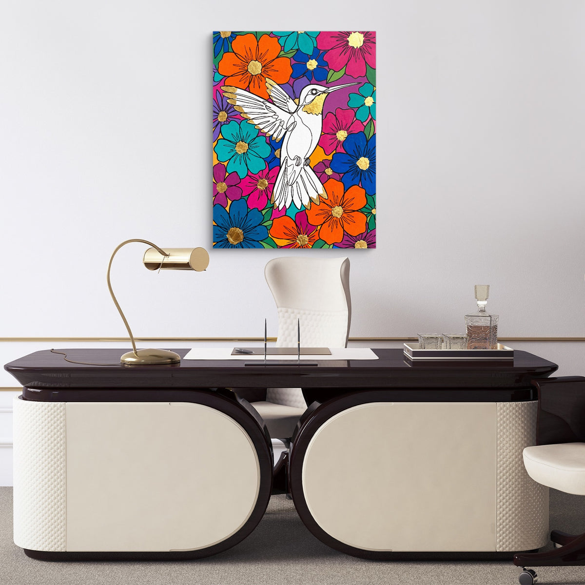 Hummingbird Vibrant Bloom — hummingbird vibrant bloom sq luxury office desk 1port flush print