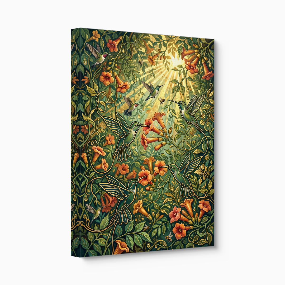 Hummingbirds Golden Nectar — hummingbirds golden nectar angled flush print