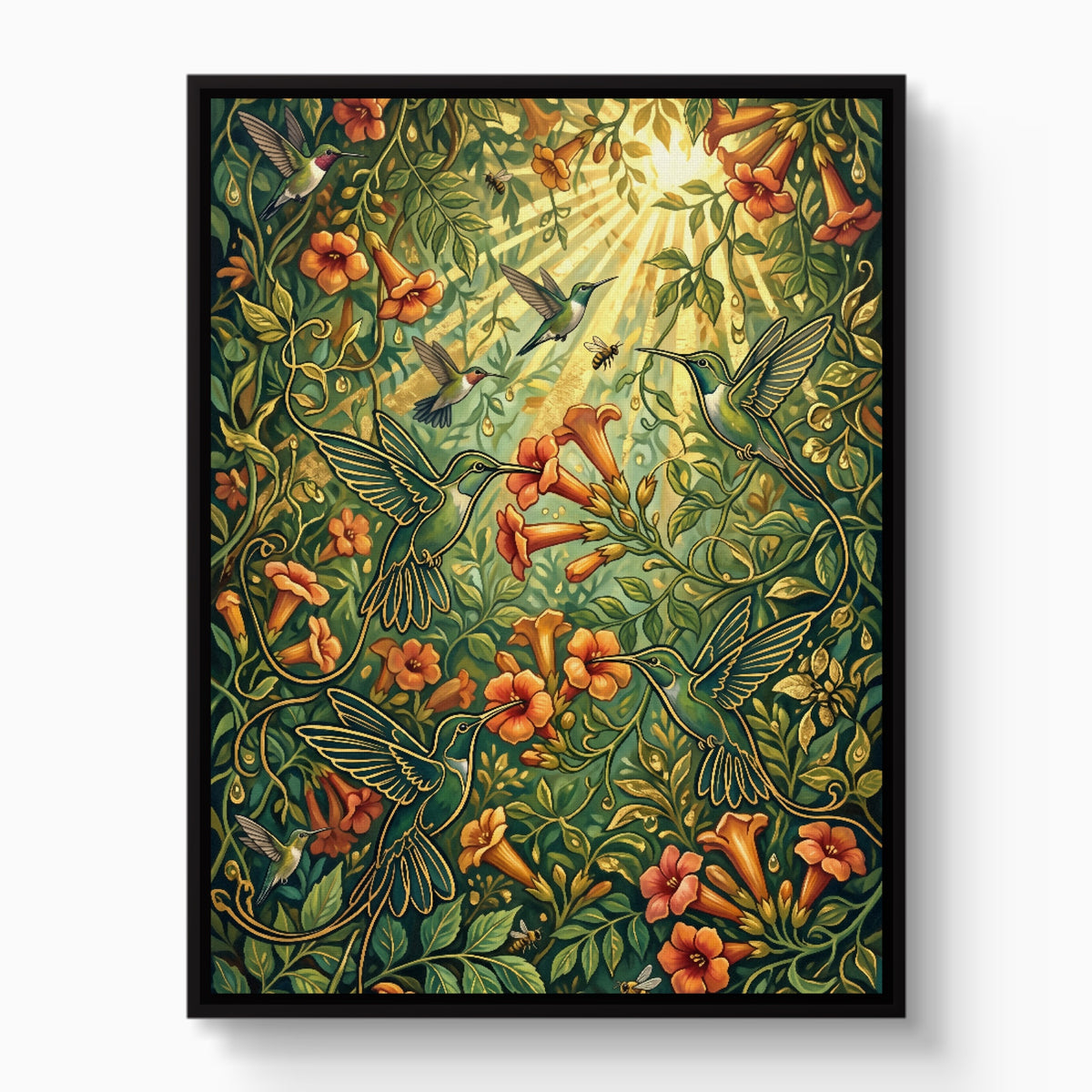 Hummingbirds Golden Nectar — hummingbirds golden nectar white studio framed black