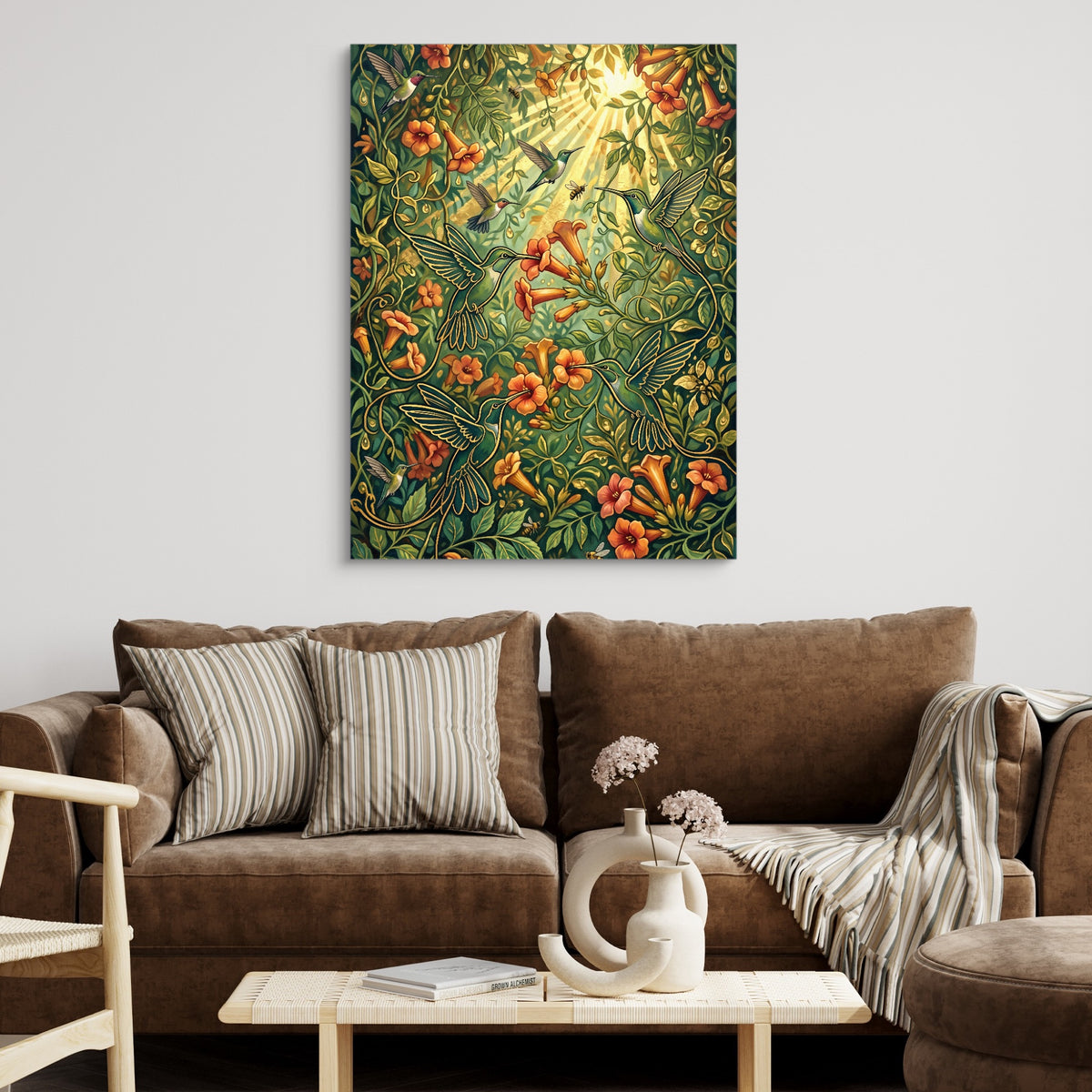 Hummingbirds Golden Nectar — hummingbirds golden nectar sq brown couch 1port flush print