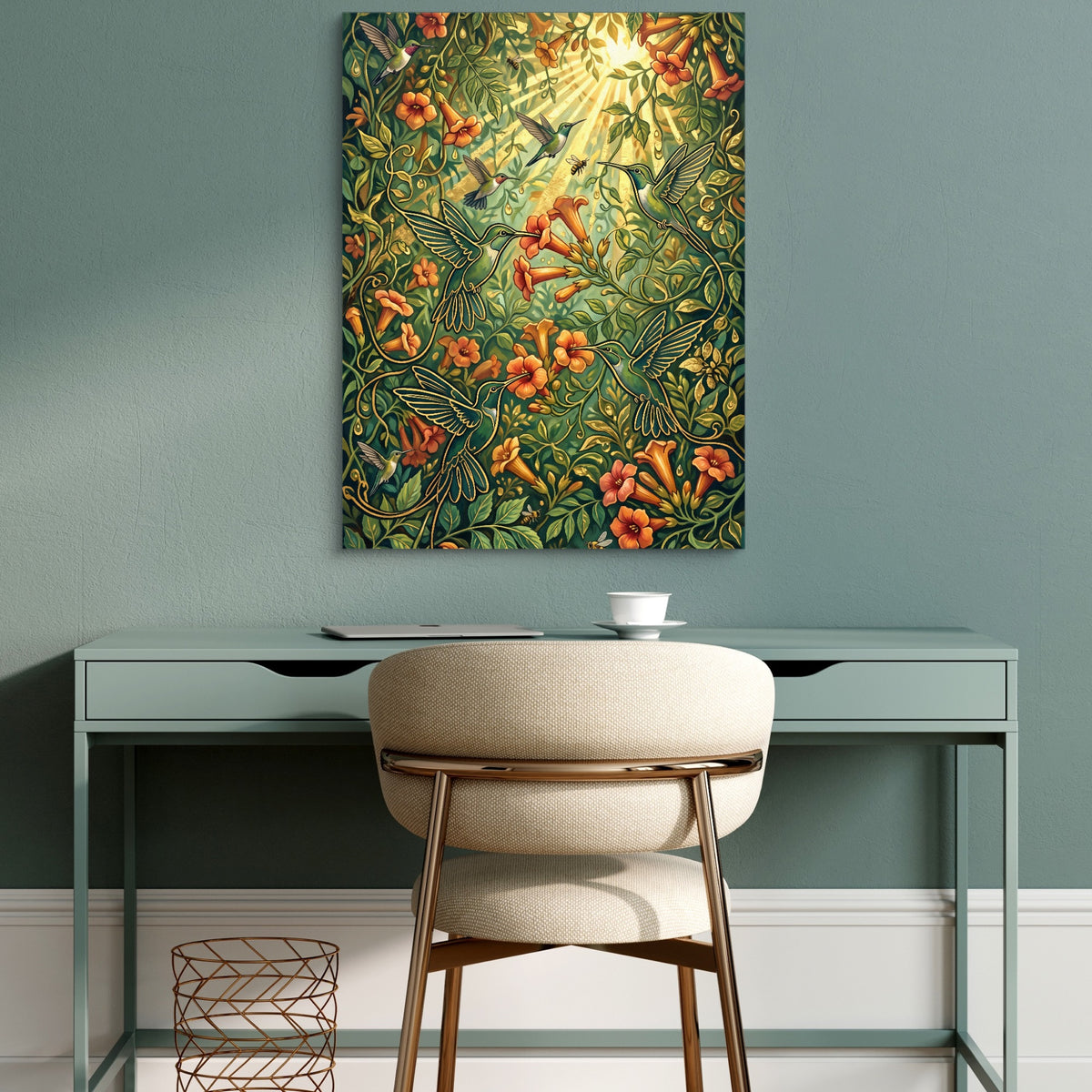 Hummingbirds Golden Nectar — hummingbirds golden nectar sq green desk 1port flush print