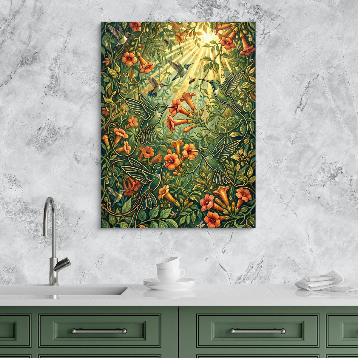 Hummingbirds Golden Nectar — hummingbirds golden nectar sq kitchen granite purple 1port flush print