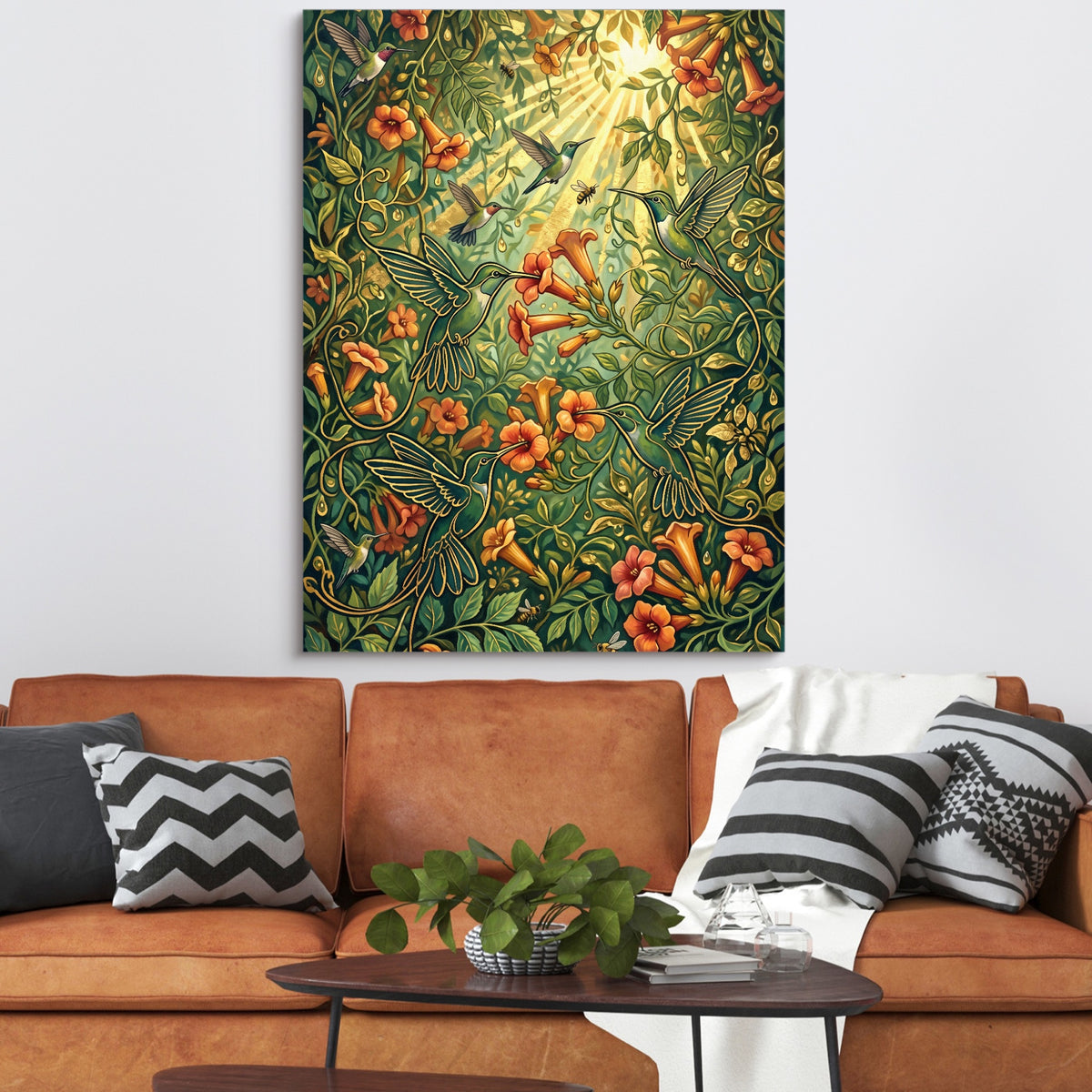 Hummingbirds Golden Nectar — hummingbirds golden nectar sq orange couch 1port flush print