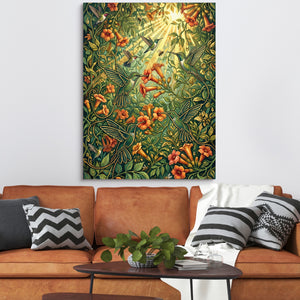 Hummingbirds Golden Nectar — hummingbirds golden nectar sq orange couch 1port flush print
