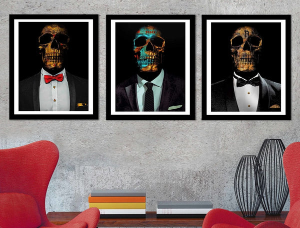 Hustler Skulls 3 Piece Semi-gloss Print Set in a room