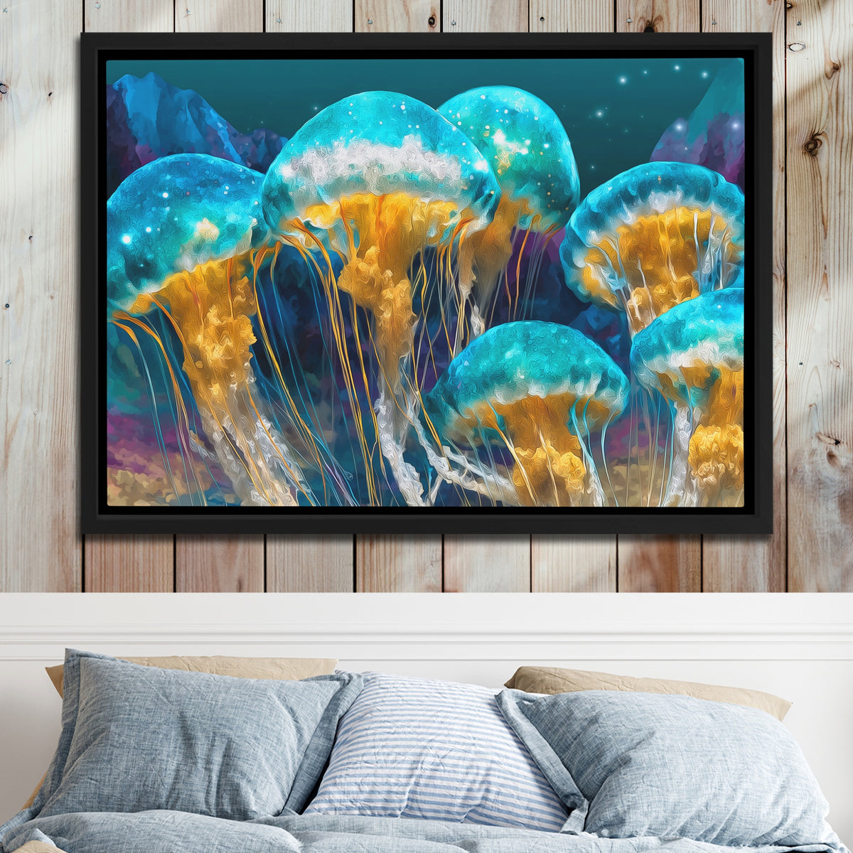 Jellyfish Bioluminescent Swarm — Jellyfish Bioluminescent Swarm Bed 2 Wood Panel 64