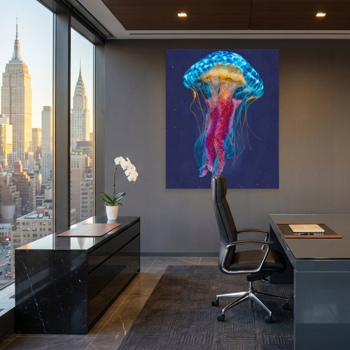 Jellyfish Cerulean Glow canvas wall art, room view