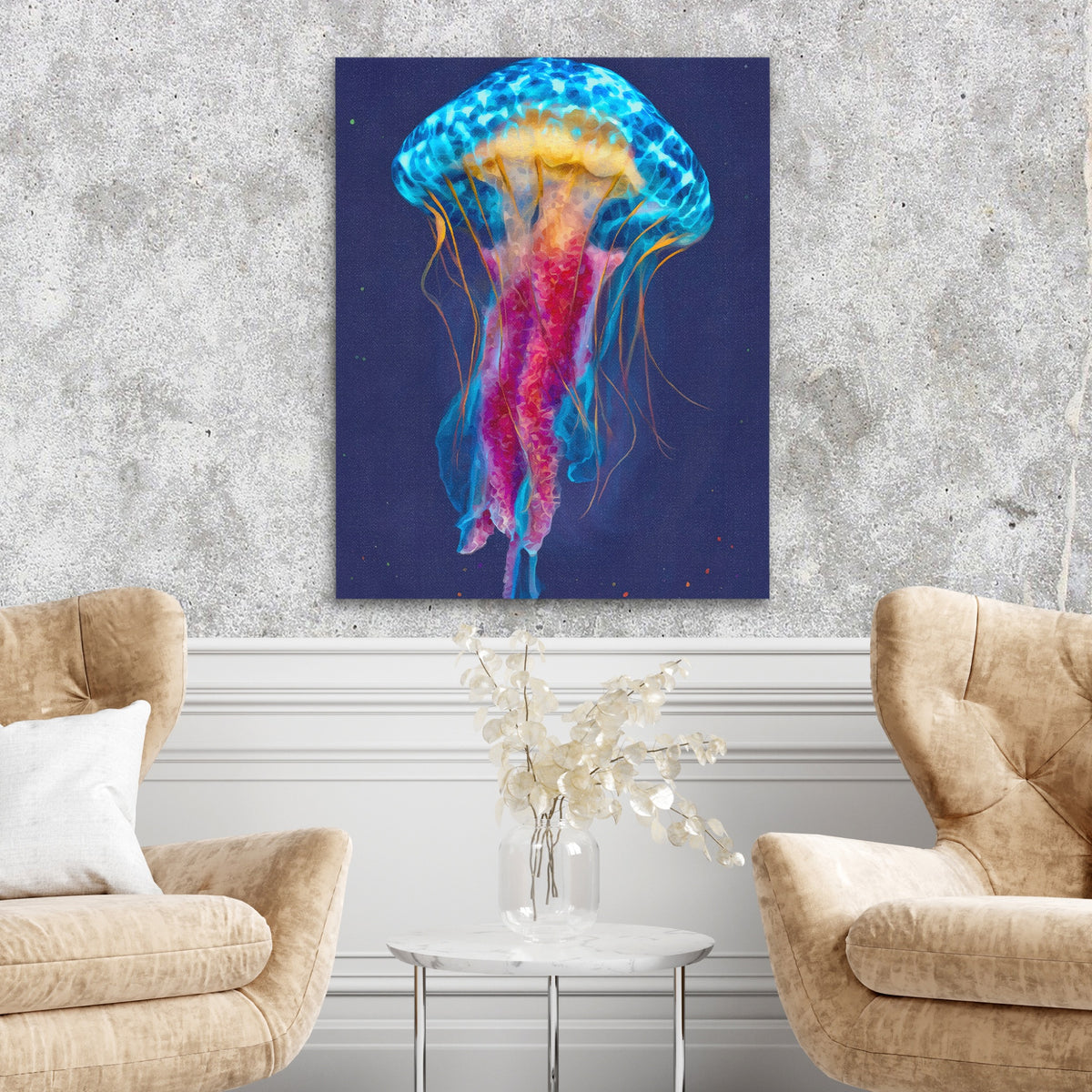 Jellyfish Cerulean Glow — Jellyfish Cerulean Glow Two Chairs Cement Wall 261
