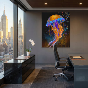 Jellyfish Cerulean Luminescence canvas wall art, room view