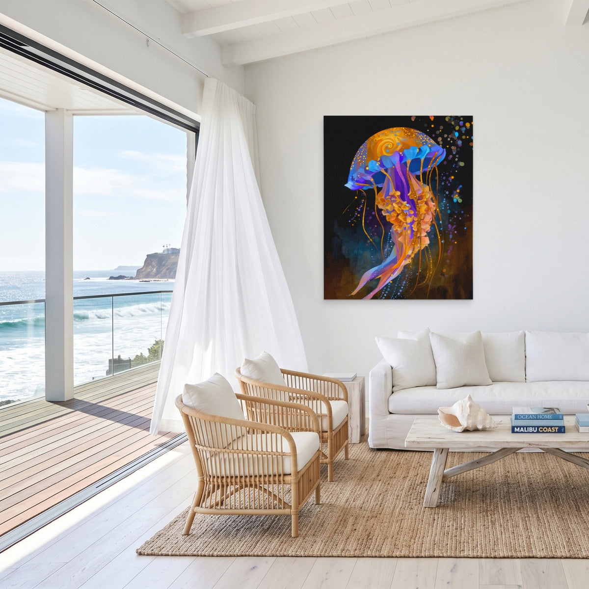 Jellyfish Cerulean Luminescence canvas wall art, room view