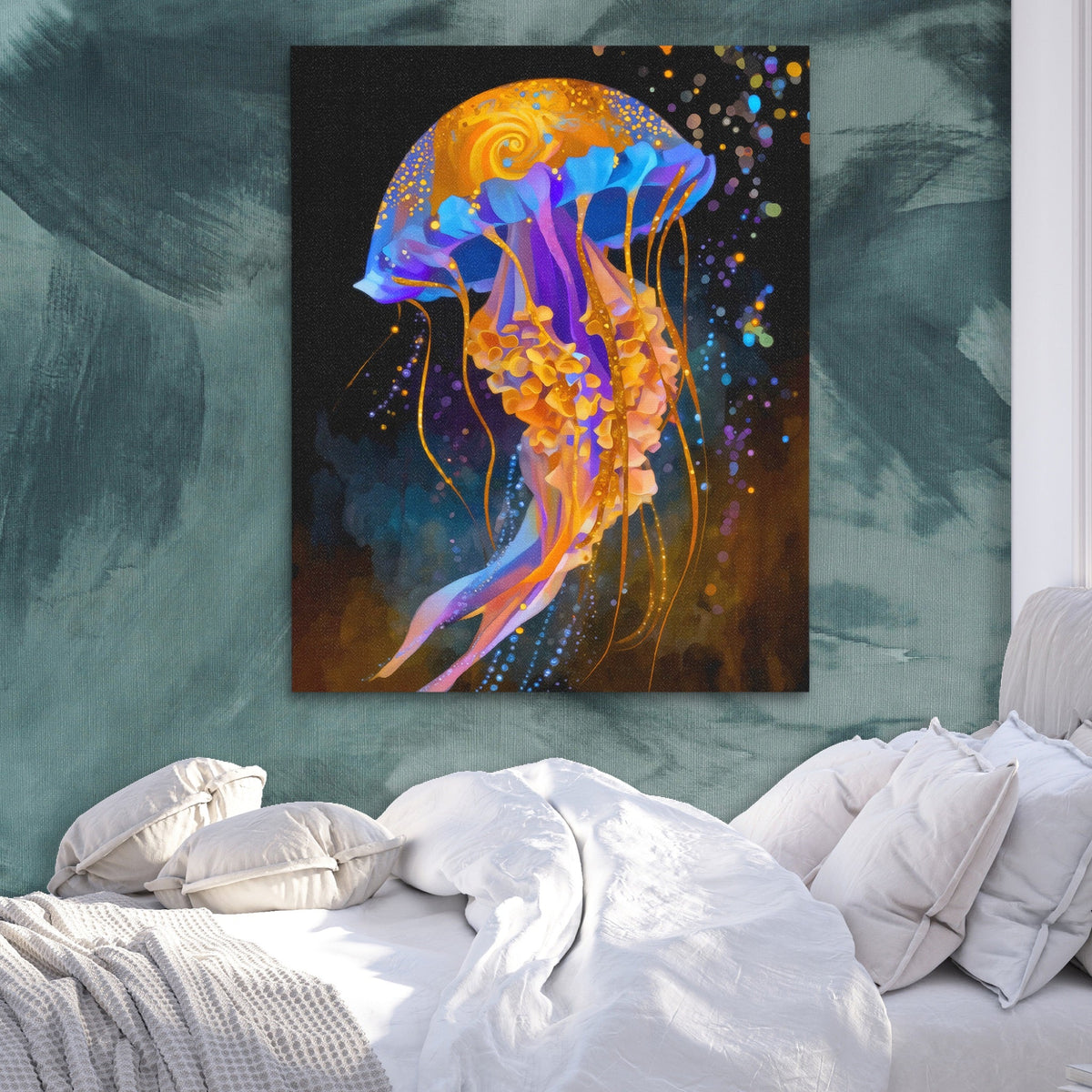 Jellyfish Cerulean Luminescence canvas wall art, room view