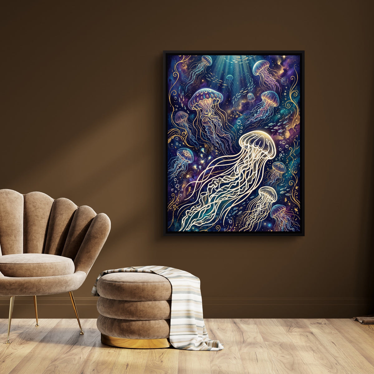 Jellyfish Glowing Dream — jellyfish glowing dream sq brown room 1port framed black