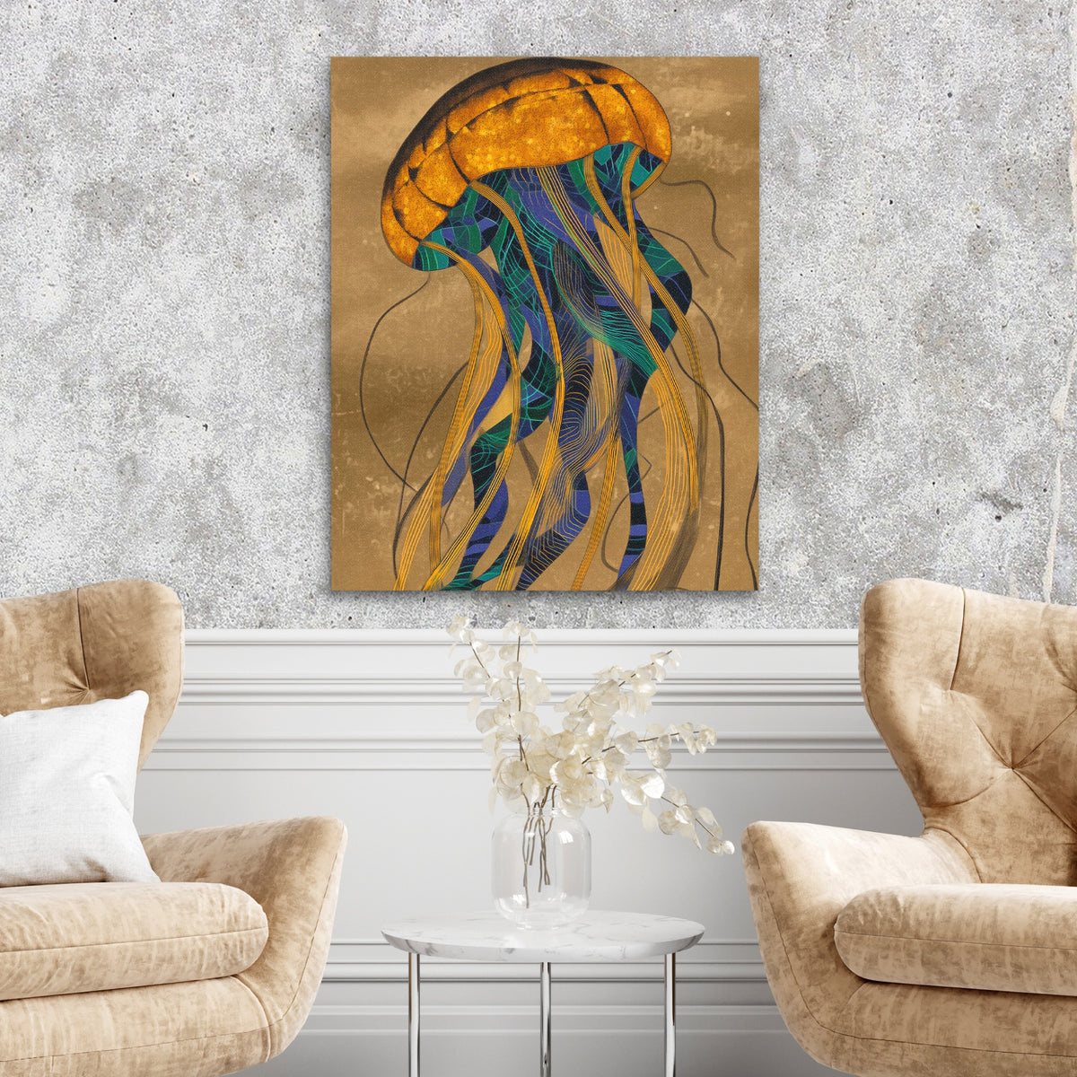 Jellyfish Golden Descent — Jellyfish Golden Descent Two Chairs Cement Wall 263
