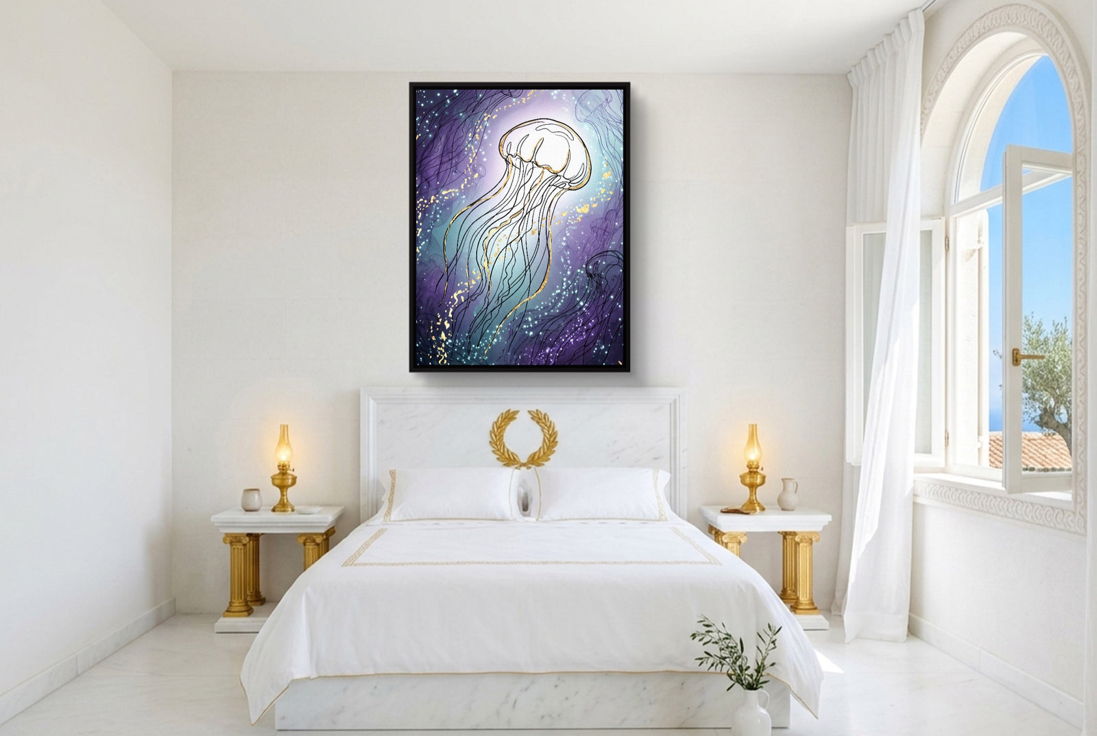 Jellyfish Golden Shimmer — jellyfish golden shimmer white studio framed black