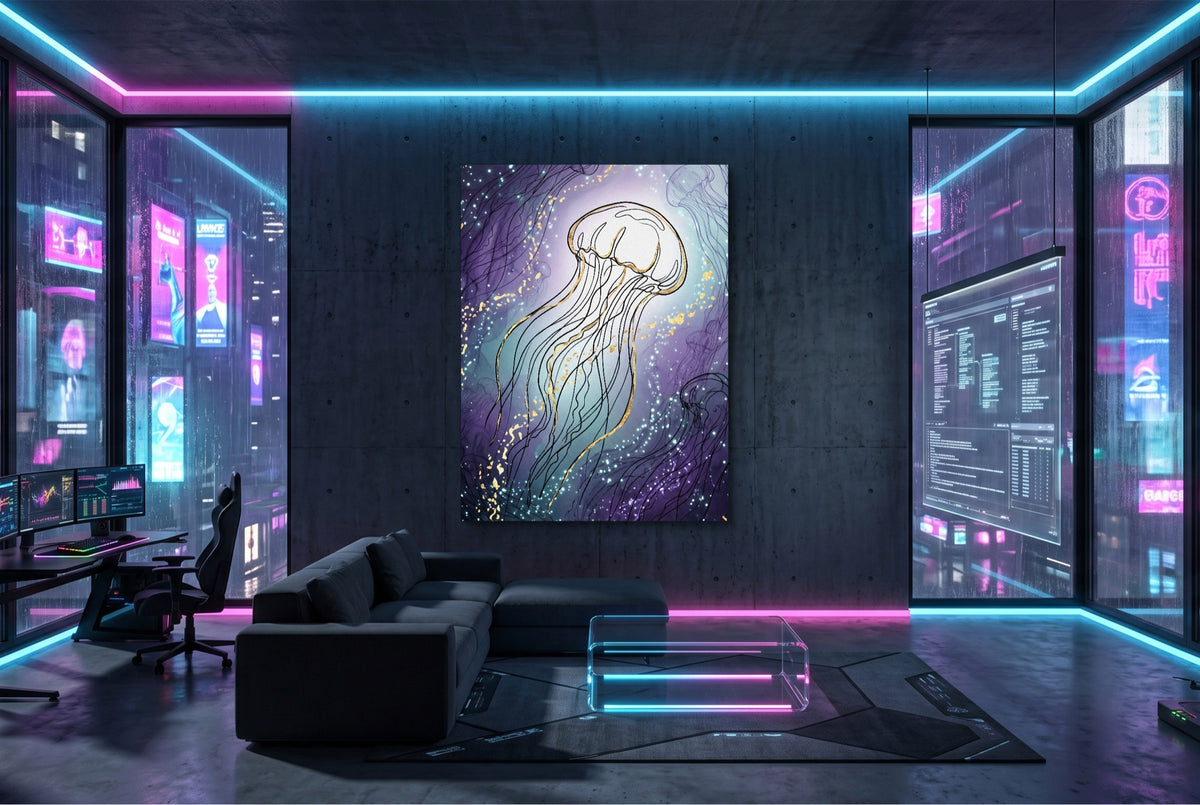 Jellyfish Golden Shimmer — jellyfish golden shimmer modern living room interior 1port flush print