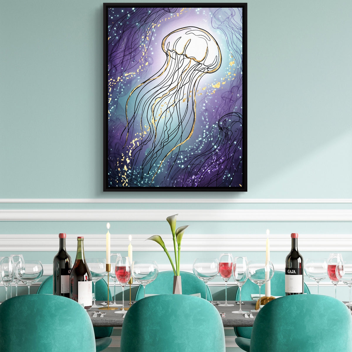 Jellyfish Golden Shimmer — jellyfish golden shimmer sq teal dining room 1port framed black