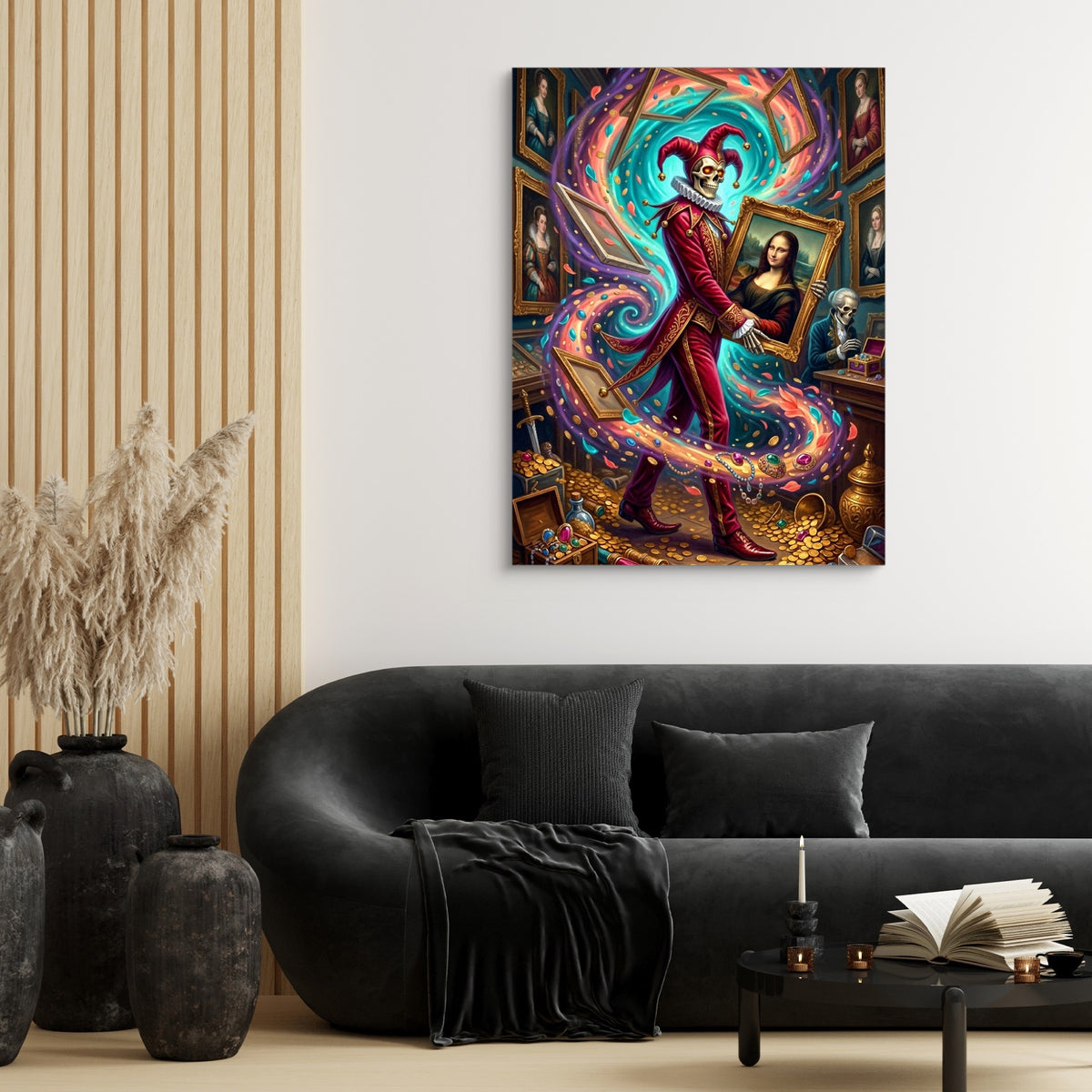 Jester's Mona Lisa — jester's mona lisa sq black couch and wood walls 1port flush print